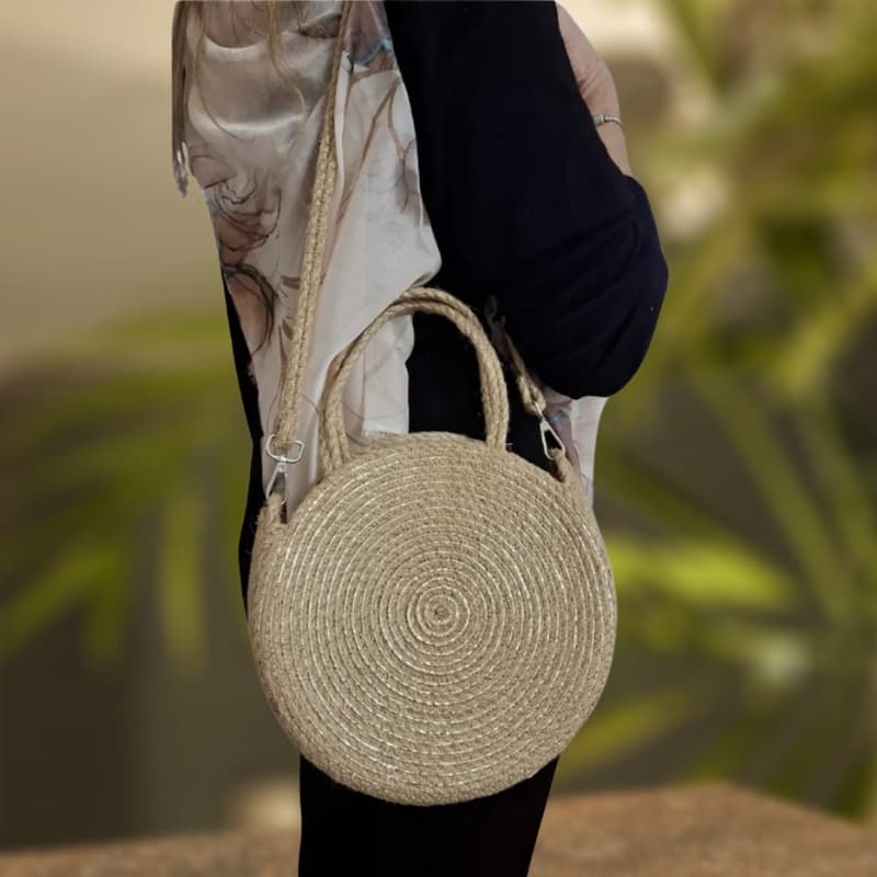 حقيبة يد وكتف دائرية من القش للنساء - حجم متوسط 