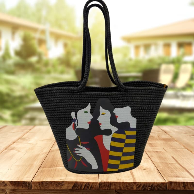 حقيبة شاطئ من القش الأسود بتصميم مطبوع - حقيبة كتف نسائية