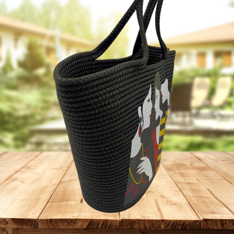 حقيبة شاطئ من القش الأسود بتصميم مطبوع - حقيبة كتف نسائية