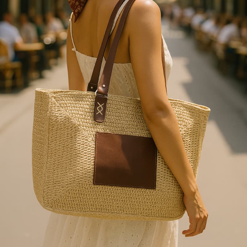 حقيبة كتف صيفية من القش من NVisters مع تفاصيل من الجلد الأصلي