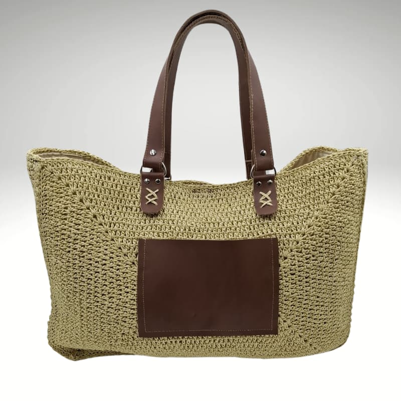 حقيبة كتف صيفية من القش من NVisters مع تفاصيل من الجلد الأصلي