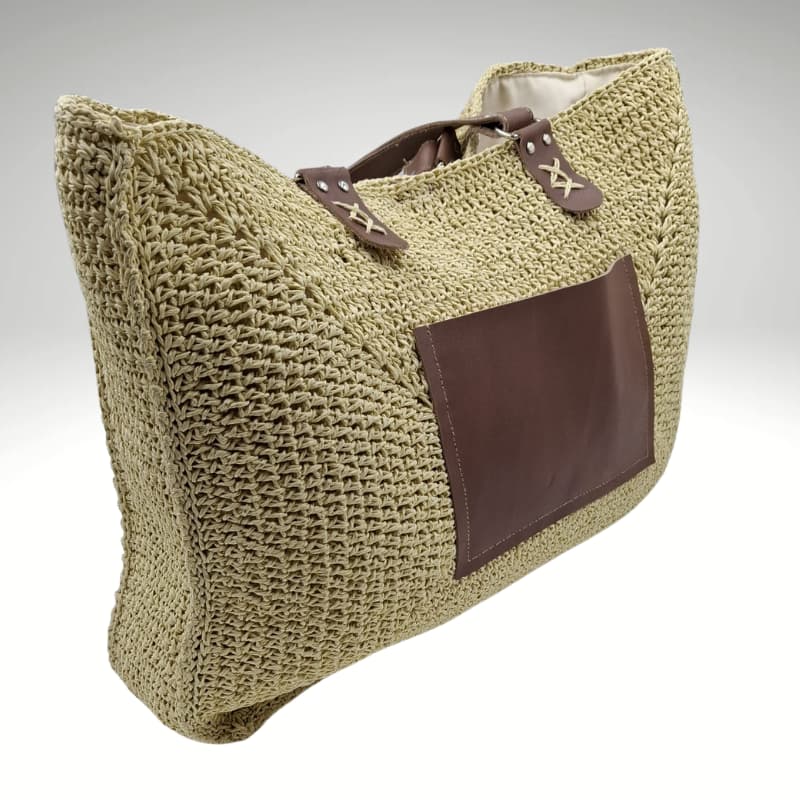 حقيبة كتف صيفية من القش من NVisters مع تفاصيل من الجلد الأصلي