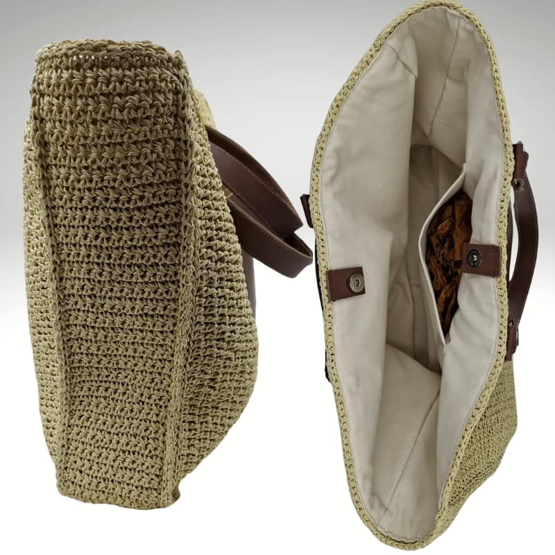 حقيبة كتف صيفية من القش من NVisters مع تفاصيل من الجلد الأصلي