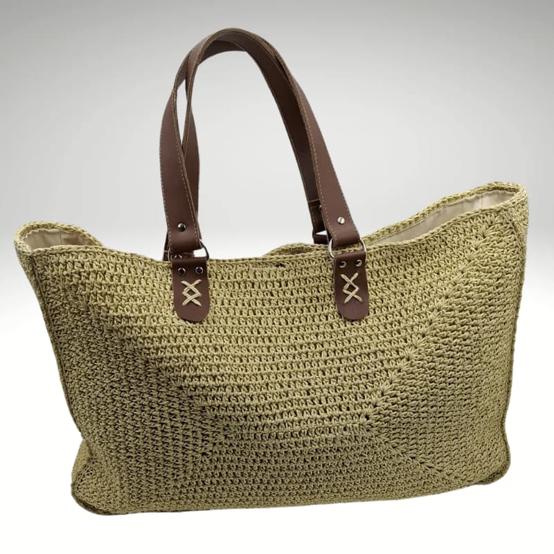 حقيبة كتف صيفية من القش من NVisters مع تفاصيل من الجلد الأصلي