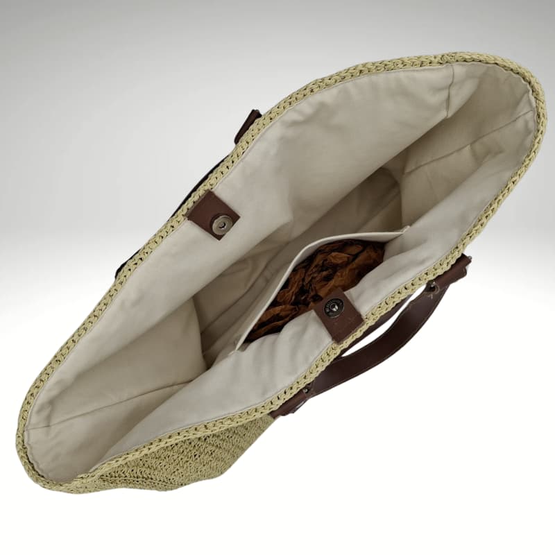 حقيبة كتف صيفية من القش من NVisters مع تفاصيل من الجلد الأصلي