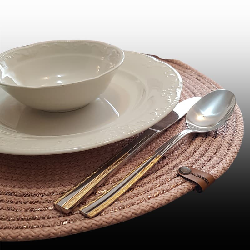 طقم مفرش طاولة دائري لامع وردي فاتح، مكون من 6 قطع