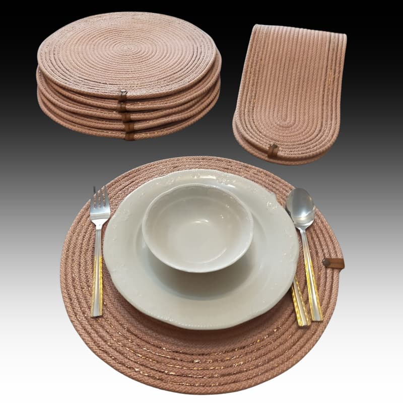 طقم مفرش طاولة دائري لامع وردي فاتح، مكون من 6 قطع