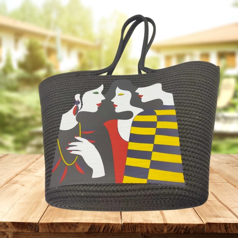 حقيبة شاطئ من القش الأسود بتصميم مطبوع - حقيبة كتف نسائية