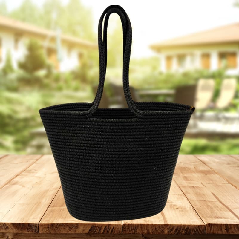 حقيبة شاطئ من القش الأسود بتصميم مطبوع - حقيبة كتف نسائية