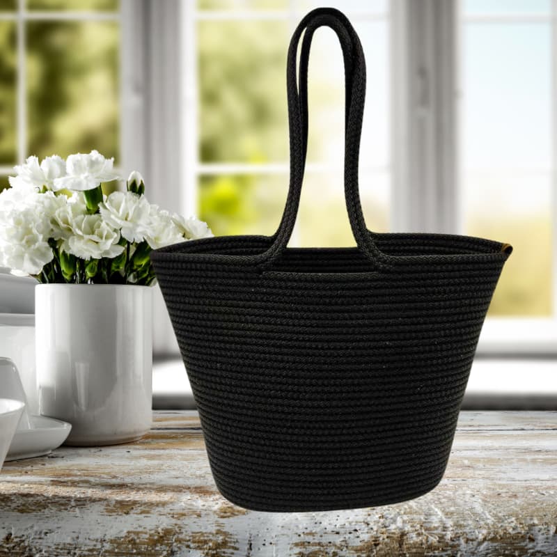 حقيبة شاطئ صيفية من القش باللونين الأسود والأزرق بتصميم مطبوع - حقيبة يد وكتف نسائية