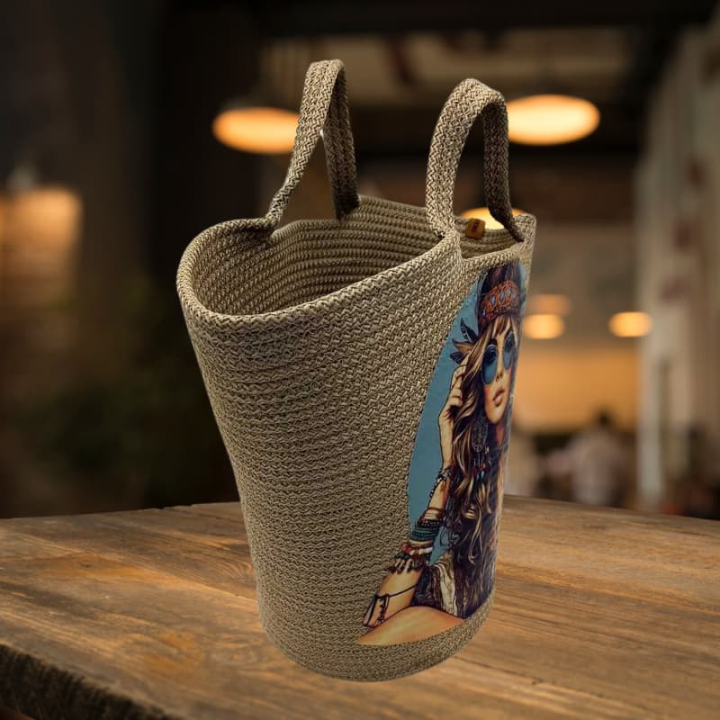 حقيبة شاطئ من القش البيج بتصميم مطبوع - حقيبة يد وكتف نسائية