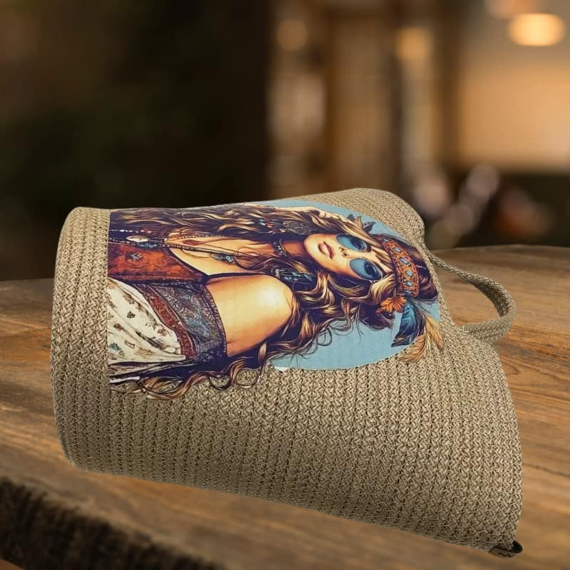 حقيبة شاطئ من القش البيج بتصميم مطبوع - حقيبة يد وكتف نسائية