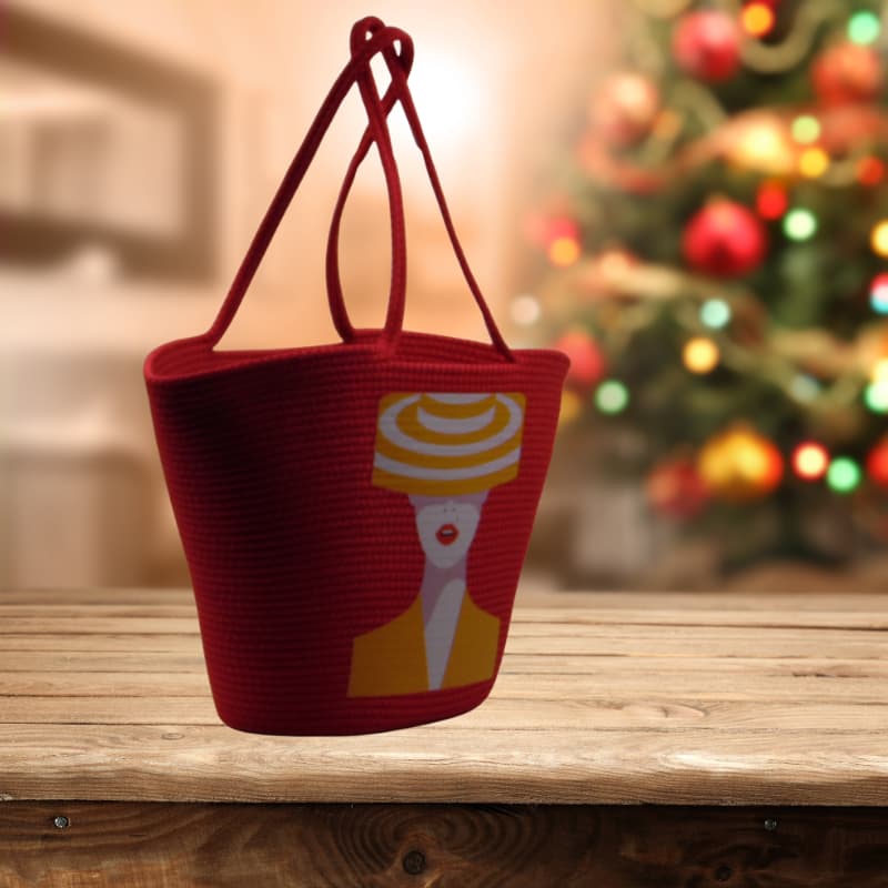 Red Straw Beach Bag with Printed Design – Women’s Hand and Shoulder Bag