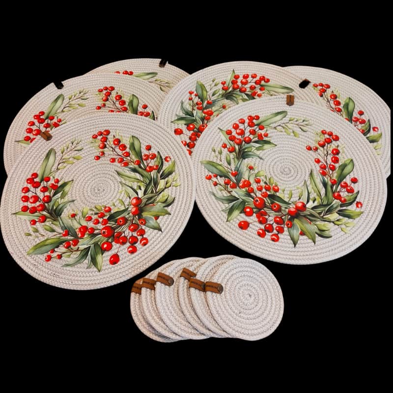 طقم مفارش سفرة رمادية بنقشة مطبوعة، مكون من 6 قطع