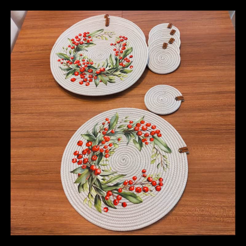 طقم مفارش سفرة رمادية بنقشة مطبوعة، مكون من 6 قطع