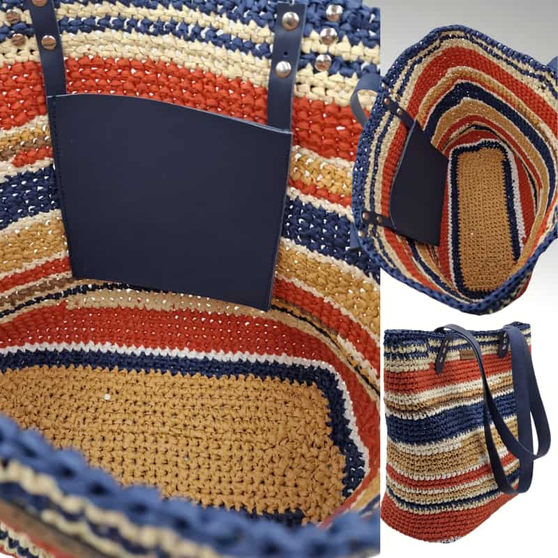 حقيبة كتف صيفية من القش والرافيا من NVsisters مع تفاصيل من الجلد الأصلي