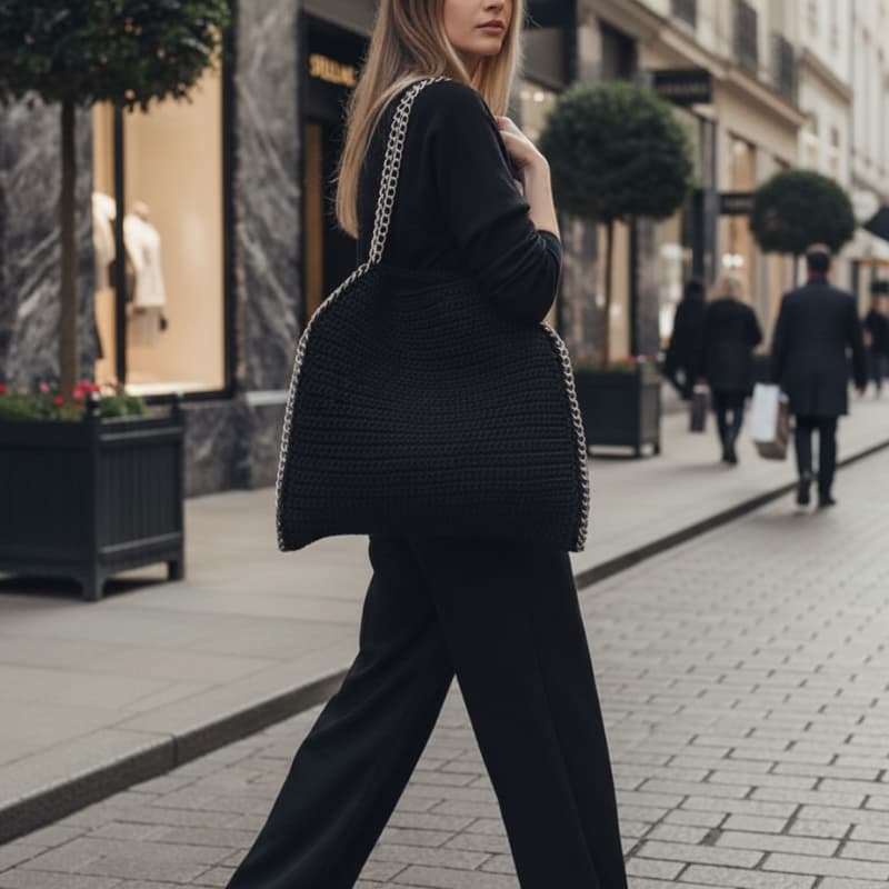 حقيبة كتف نسائية صيفية مصنوعة يدويًا باللون الأسود من الكروشيه