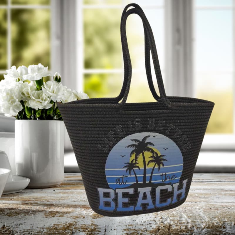 حقيبة شاطئ صيفية من القش باللونين الأسود والأزرق بتصميم مطبوع - حقيبة يد وكتف نسائية