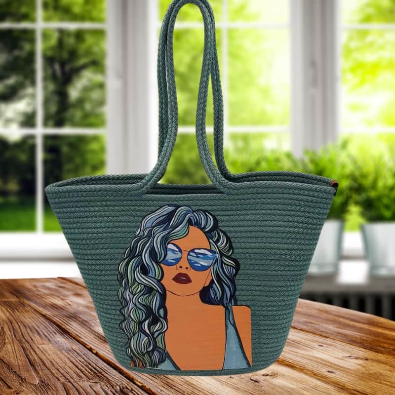 حقيبة شاطئ من القش الأخضر بتصميم مطبوع - حقيبة يد وكتف نسائية