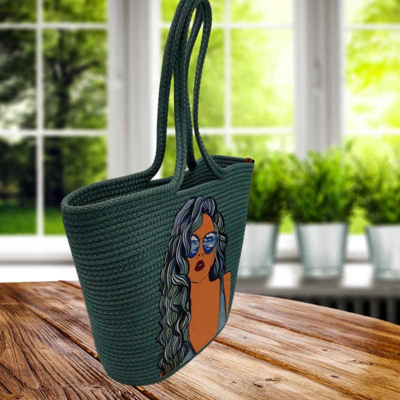 حقيبة شاطئ من القش الأخضر بتصميم مطبوع - حقيبة يد وكتف نسائية