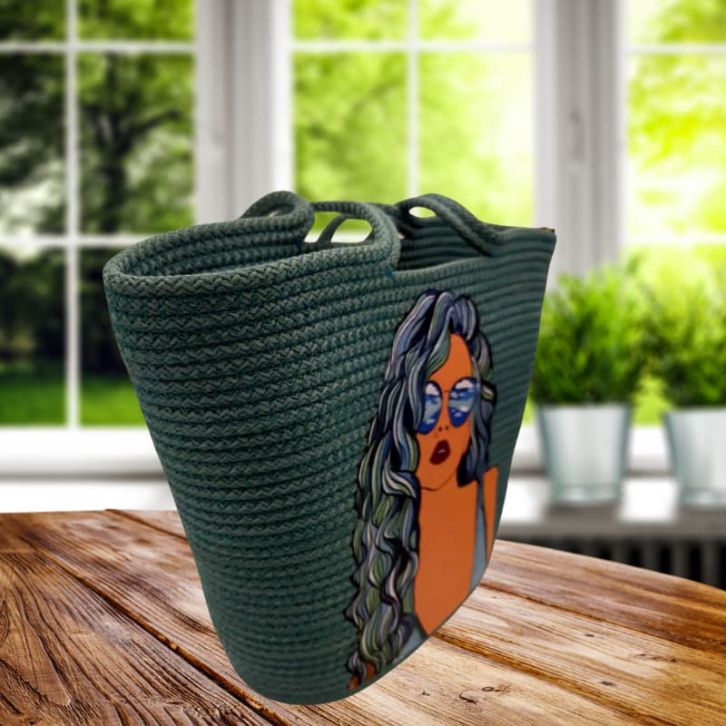 حقيبة شاطئ من القش الأخضر بتصميم مطبوع - حقيبة يد وكتف نسائية