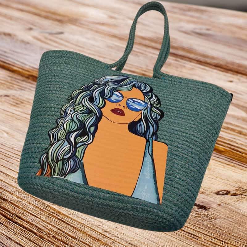 حقيبة شاطئ من القش الأخضر بتصميم مطبوع - حقيبة يد وكتف نسائية