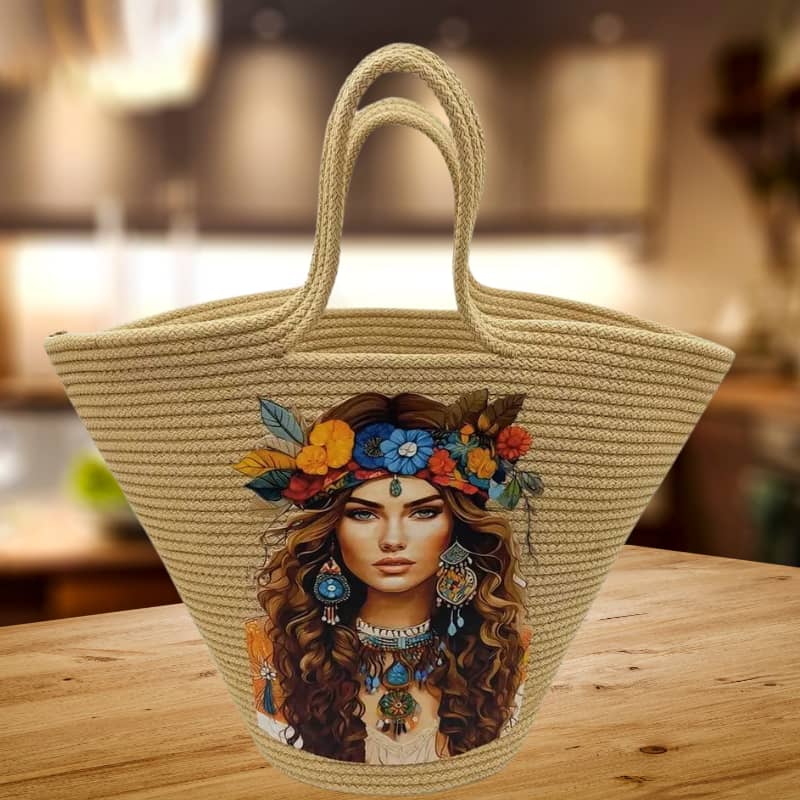 حقيبة شاطئ من القش البيج بتصميم مطبوع - حقيبة يد وكتف نسائية