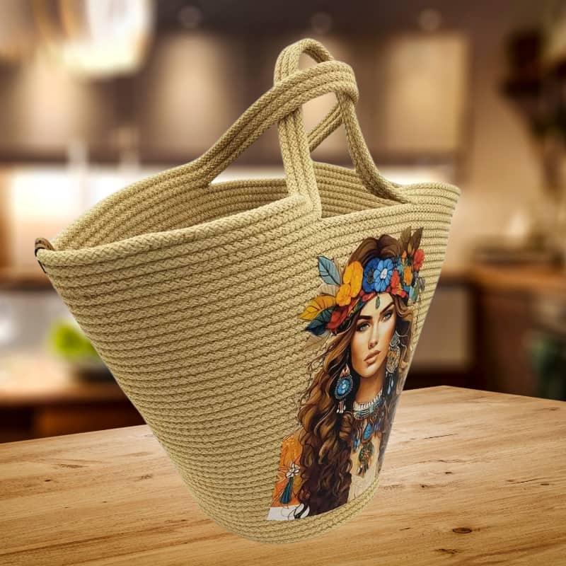 حقيبة شاطئ من القش البيج بتصميم مطبوع - حقيبة يد وكتف نسائية