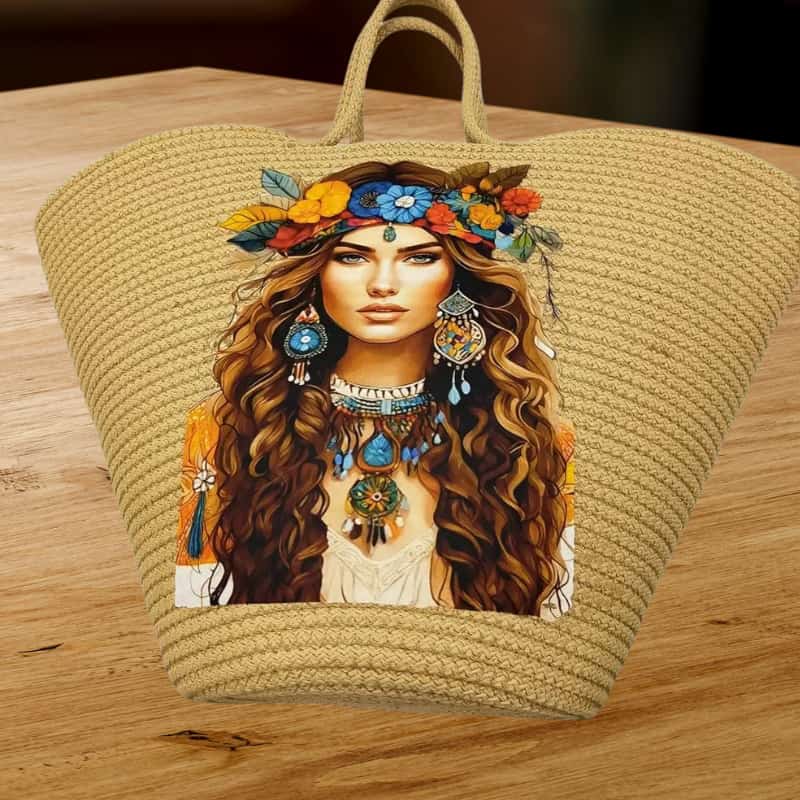 حقيبة شاطئ من القش البيج بتصميم مطبوع - حقيبة يد وكتف نسائية