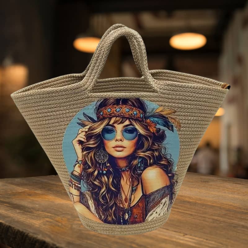 حقيبة شاطئ من القش البيج بتصميم مطبوع - حقيبة يد وكتف نسائية