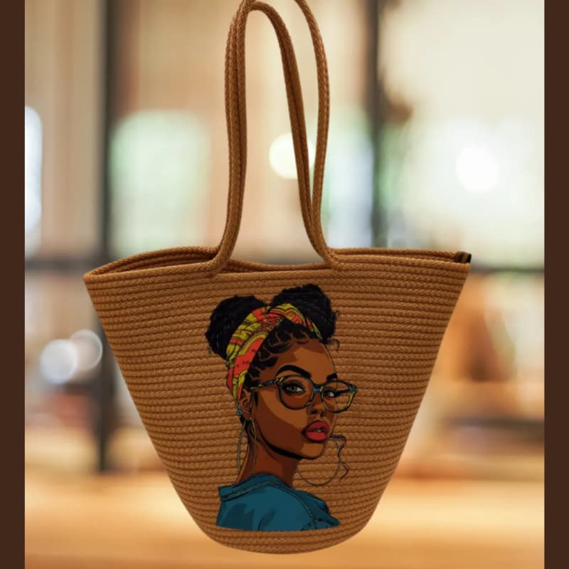 Tan Straw Beach Bag with Printed Design – Women’s Hand and Shoulder Bag