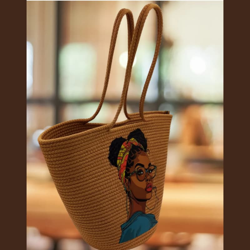 Tan Straw Beach Bag with Printed Design – Women’s Hand and Shoulder Bag