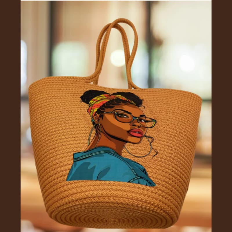 Tan Straw Beach Bag with Printed Design – Women’s Hand and Shoulder Bag