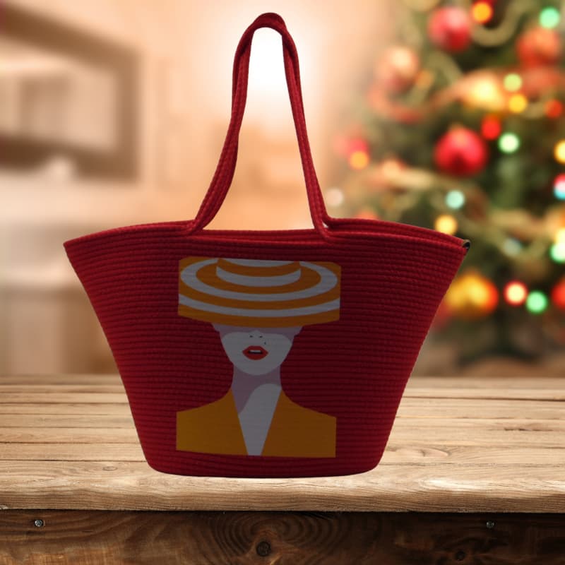 Red Straw Beach Bag with Printed Design – Women’s Hand and Shoulder Bag