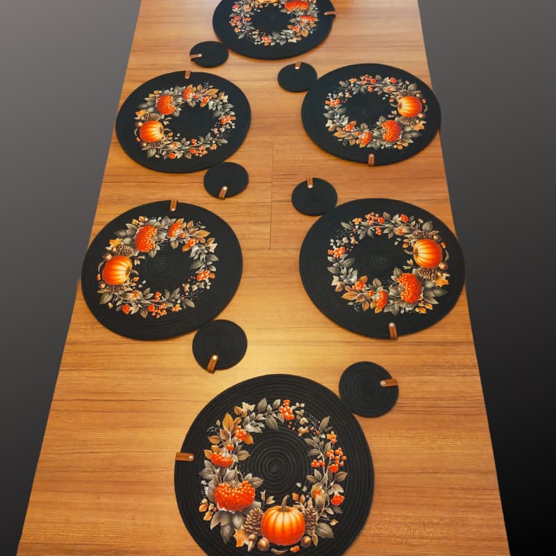 طقم مفارش طاولة أسود بنقشة مطبوعة، مكون من 6 قطع