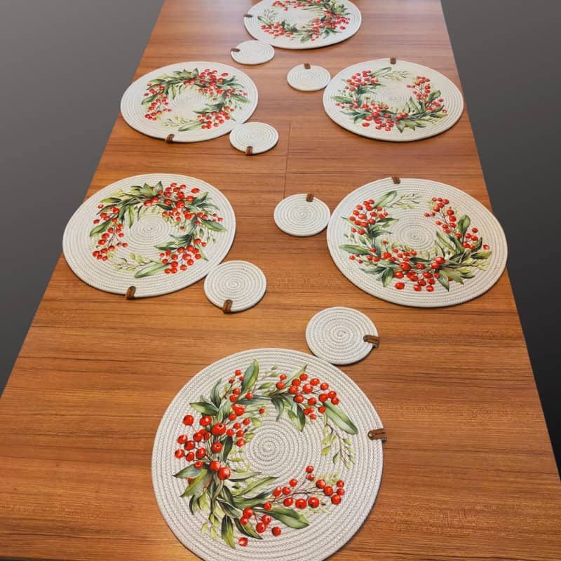 طقم مفارش سفرة رمادية بنقشة مطبوعة، مكون من 6 قطع