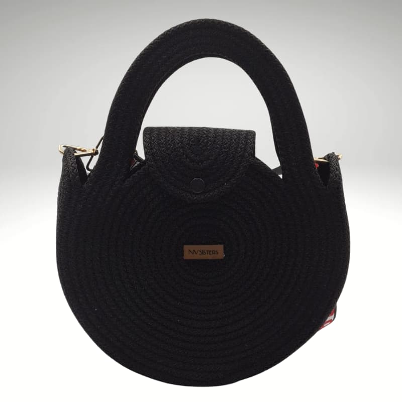 حقيبة يد وكتف صيفية دائرية سوداء من NVisters مع حزام منسوج أحمر